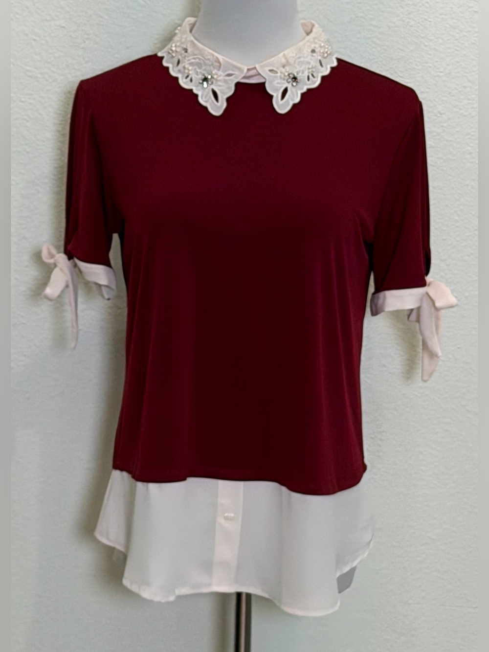 Misia Burgundy Jeweled Peter Pan Collar Bow Layered Top Blouse Medium Twee Bead